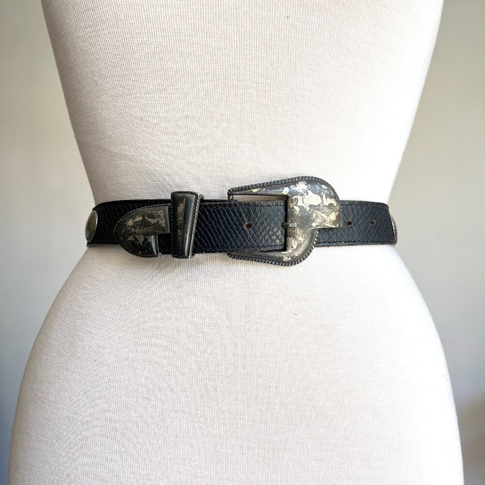 Vintage 90s Women's Jenny & The Boys Western Leather Black & Silver Belt Small
